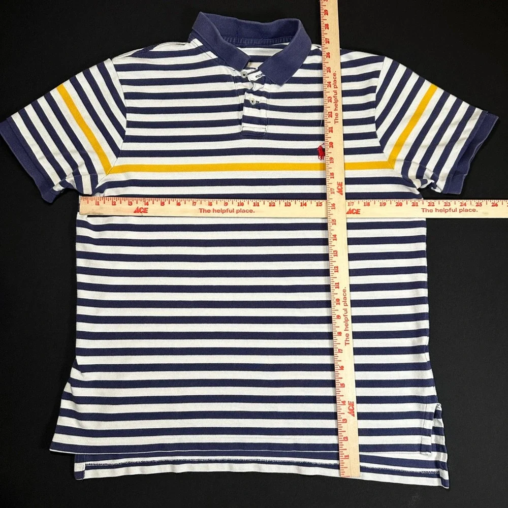 VTG Y2K Polo Shirt Mens‎ Blue Yellow Striped Short Sleeve Casual Sm